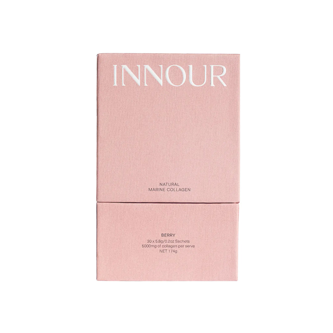 Pink box of natural marine collagen with 'INNOUR' branding on a white background