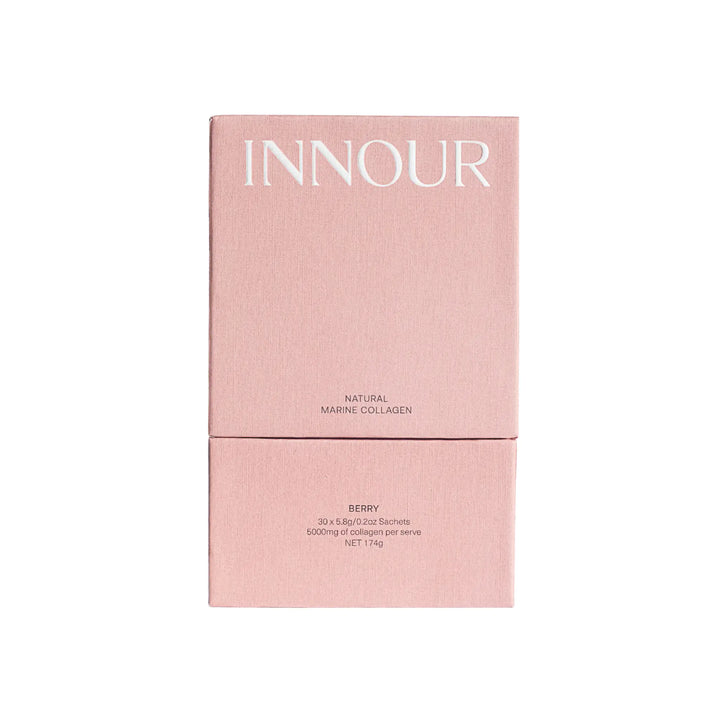 Pink box of natural marine collagen with 'INNOUR' branding on a white background
