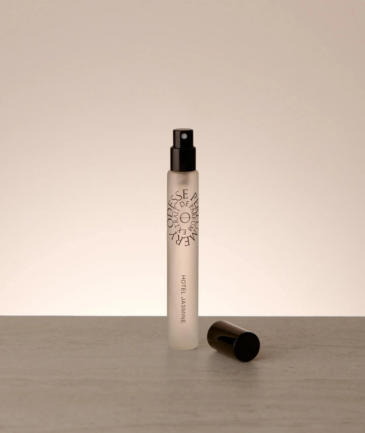 Odesse Hotel Jasmine extrait de parfum travel spray featuring jasmine, ambergris and cedarwood fragrance notes in a travel 10ml size.