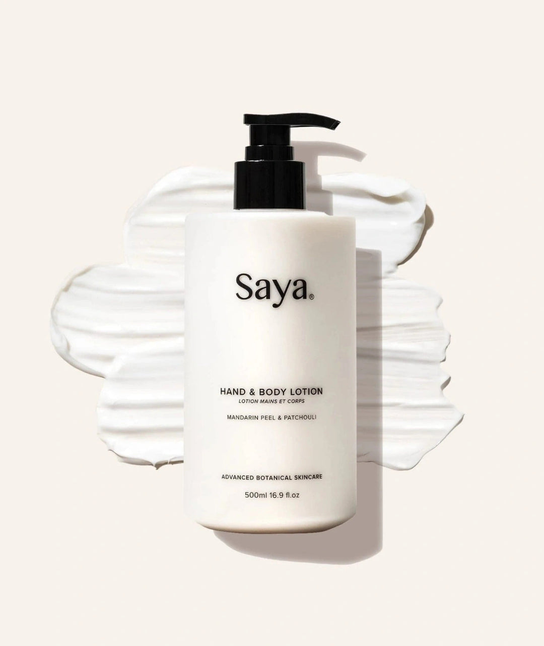 Saya best hand and body lotion creamy texture and bottle with pump on a white background