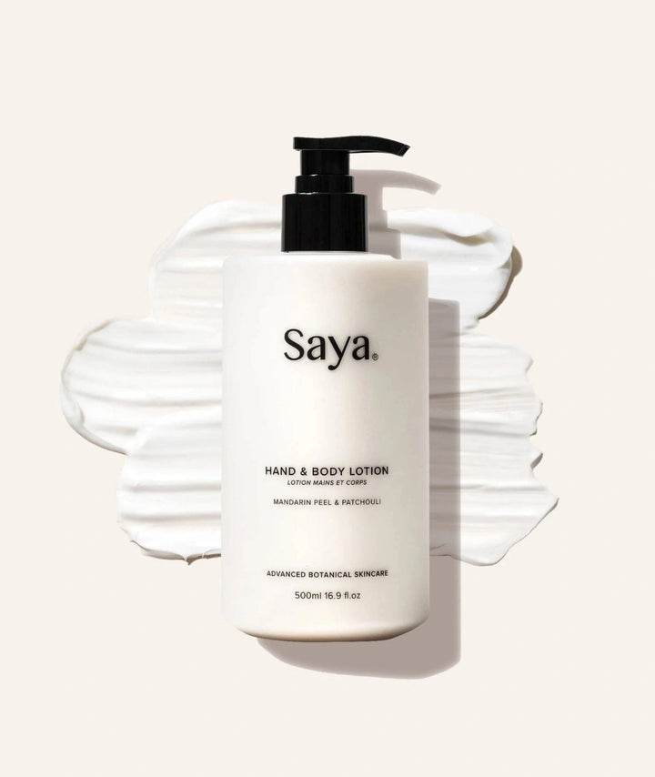 Saya best hand and body lotion creamy texture and bottle with pump on a white background