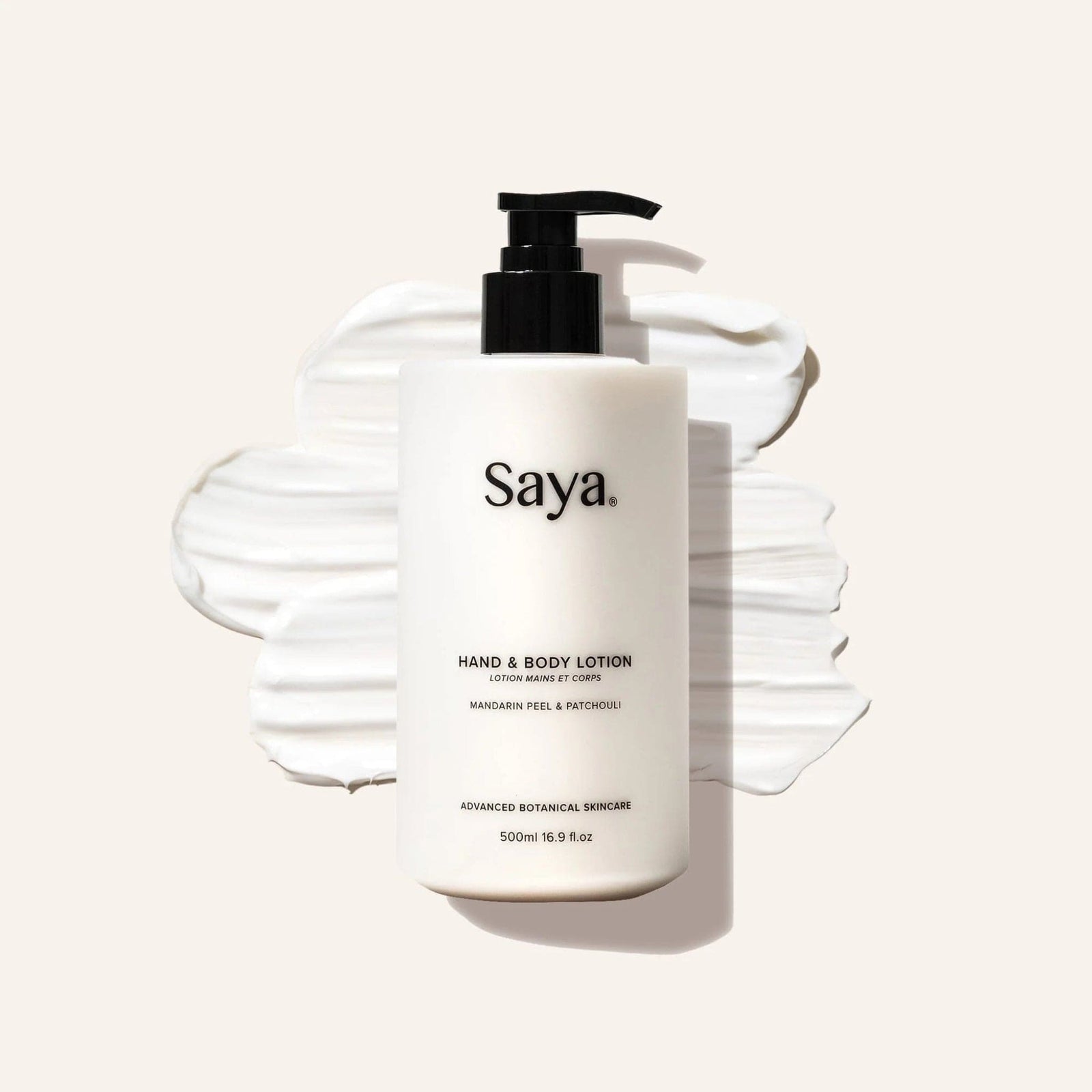 Saya best hand and body lotion creamy texture and bottle with pump on a white background