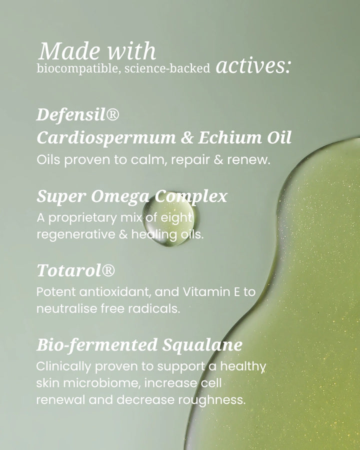 Biobod Barrier Restore Nutrient Oil featuring Defensil®, Echium Oil, Totarol®, bio-fermented squalane and omega-rich oils to help calm irritation, support skin barrier repair and improve skin resilience.
