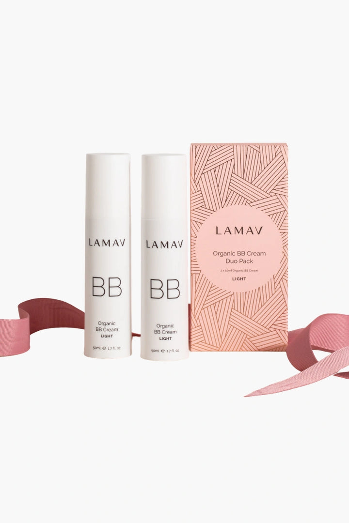 Two organic BB cream bottles with a pink box labeled 'LAMAY' on a white background.