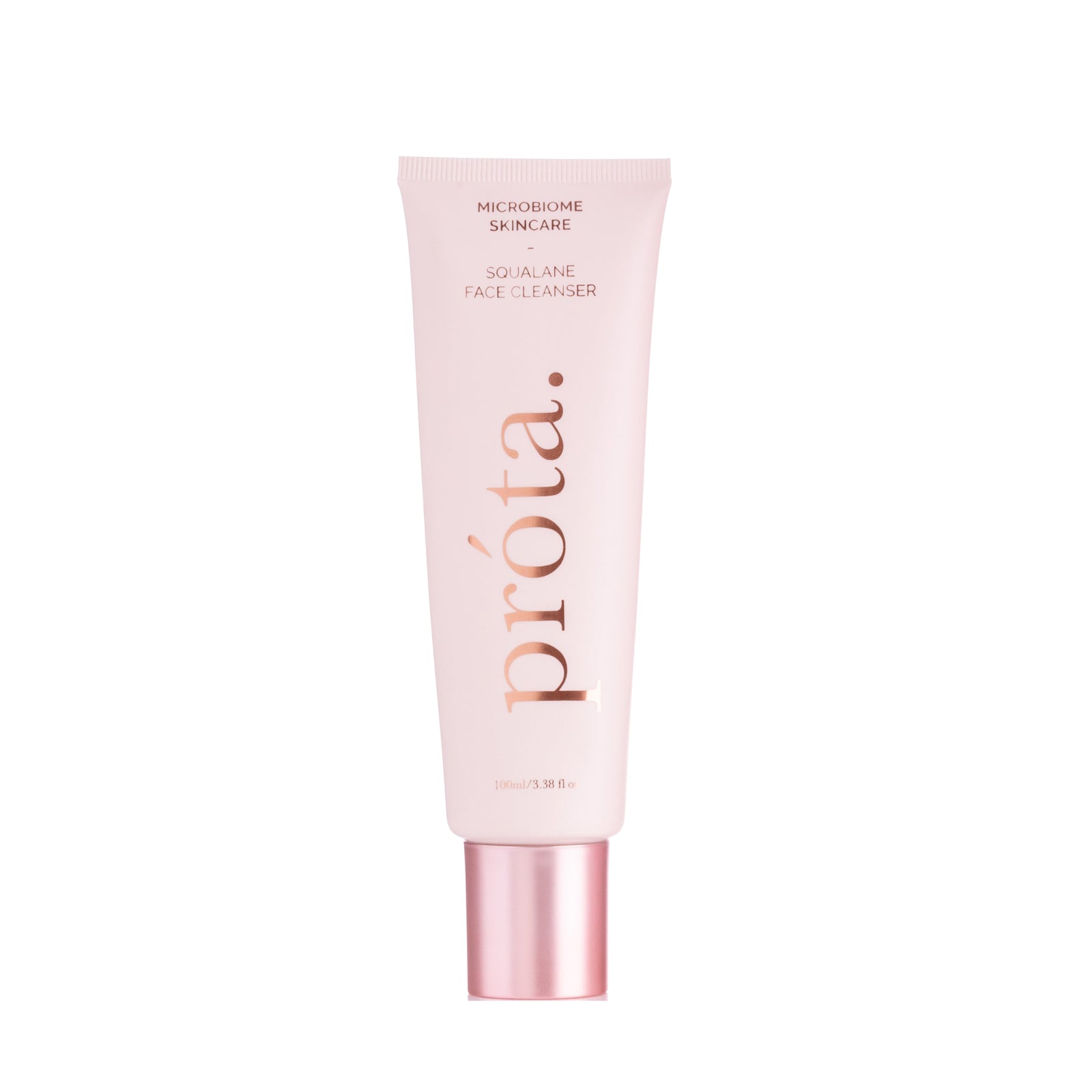 Próta Squalane Face Cleanser, 100ml, a gentle microbiome skincare product designed to cleanse and hydrate while supporting skin's natural balance. Ideal for sensitive skin, this cleanser features a sleek pink tube with rose gold accents, offering a luxurious yet effective skincare experience.