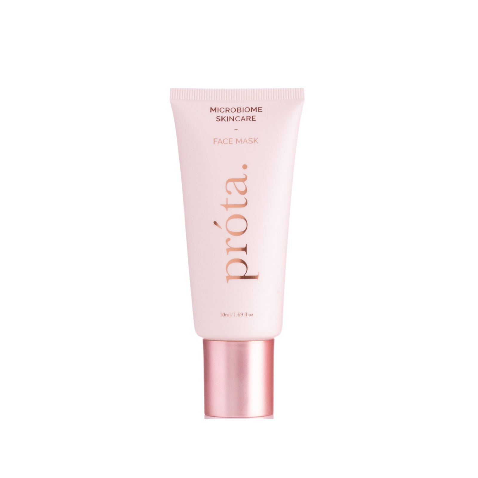 Soft pink tube of Prōta Microbiome Skincare Face Mask isolated on a plain background, showcasing the sleek and modern packaging designed for gentle skin treatment.