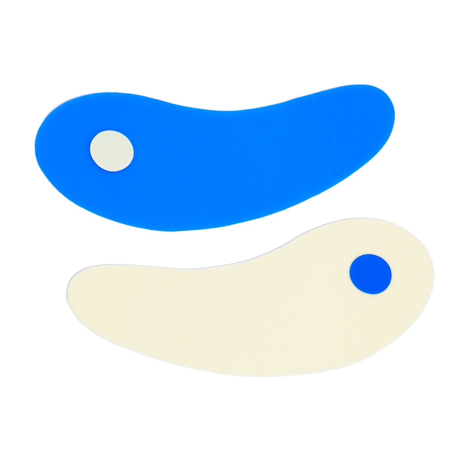 Two reusable eye masks, one in bright blue and the other in cream color, reusable eye mask patches to treat under eye wrinkles.