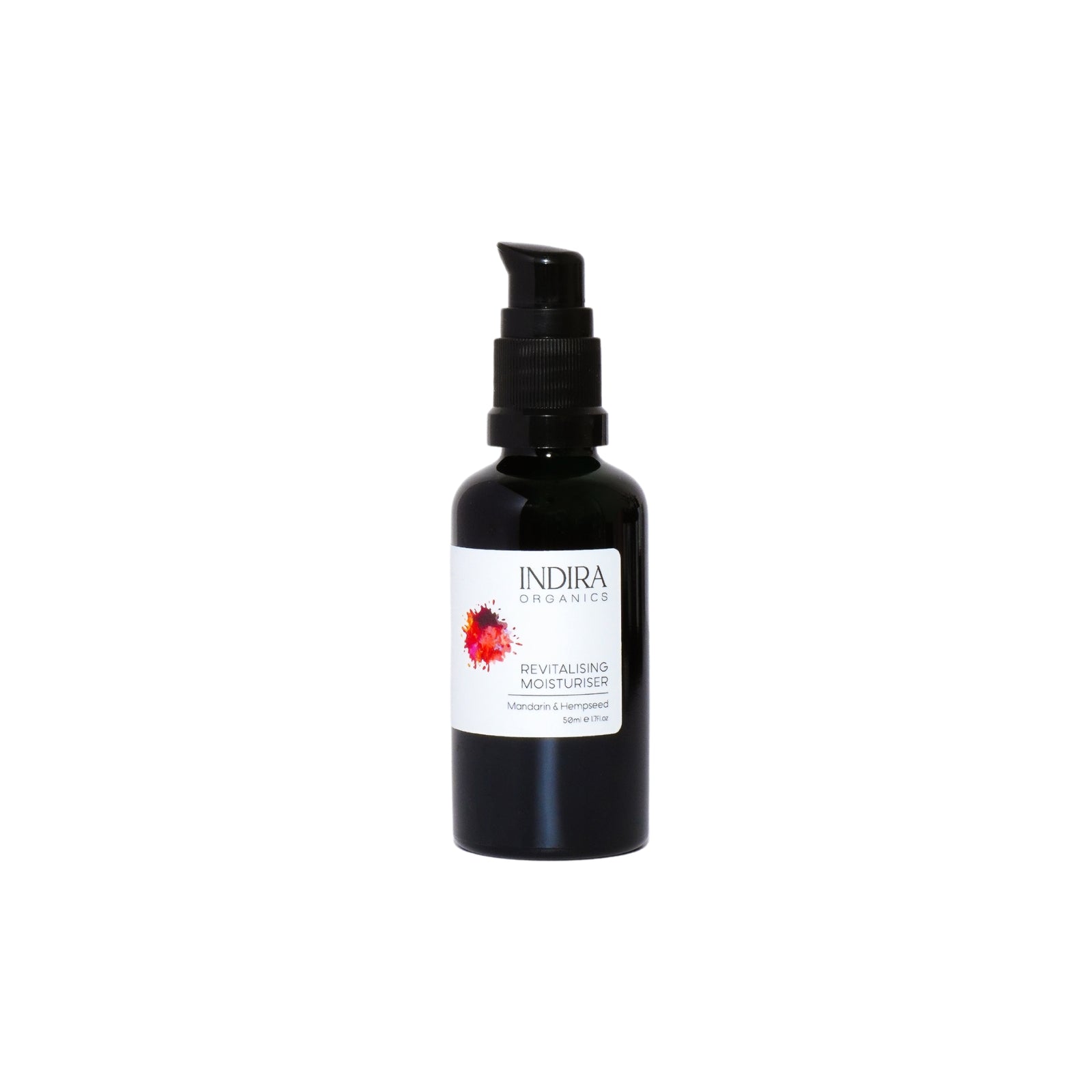 Organic moisturiser in a black bottle with a pump dispenser labeled 'Indira Organics Revitalising Moisturiser' with an image of a citrus fruit on the label.