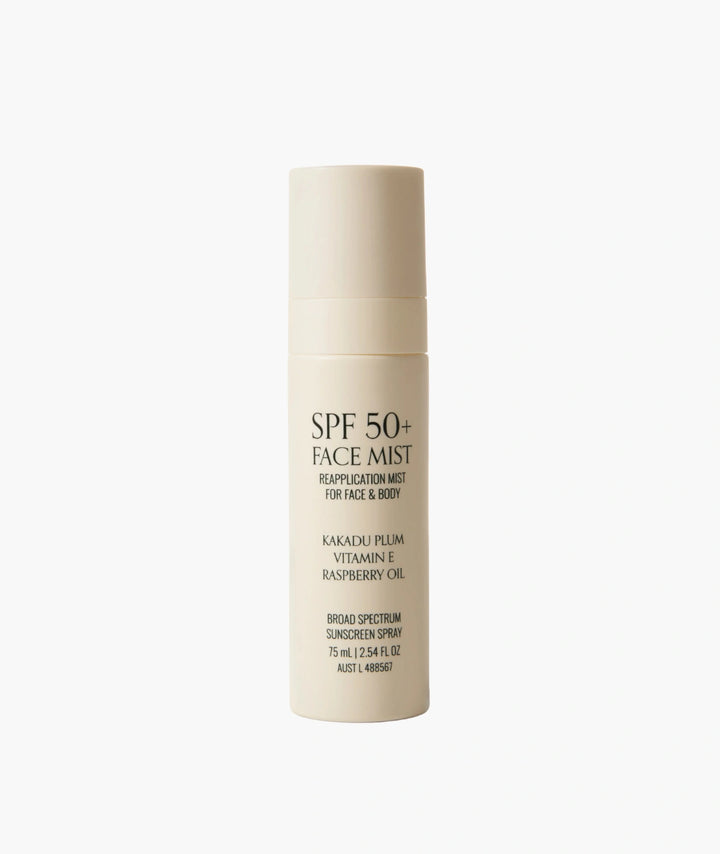 SPF 50+ face mist from outside beauty and skincare brand bottle on a white background