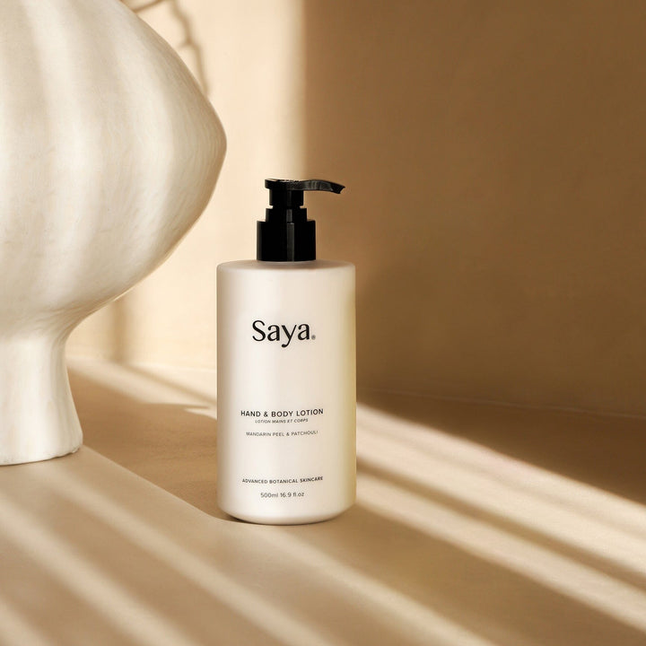 Best hand and body lotion Australia from Saya on a beige background.