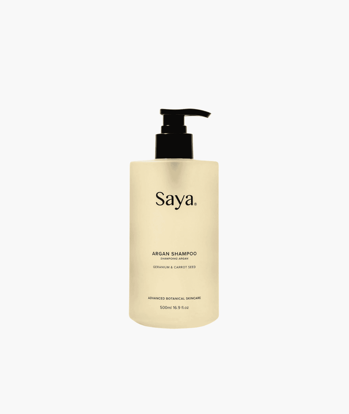 Saya Argan Shampoo with Geranium & Carrot Seed, 500ml botanical hair care bottle.
