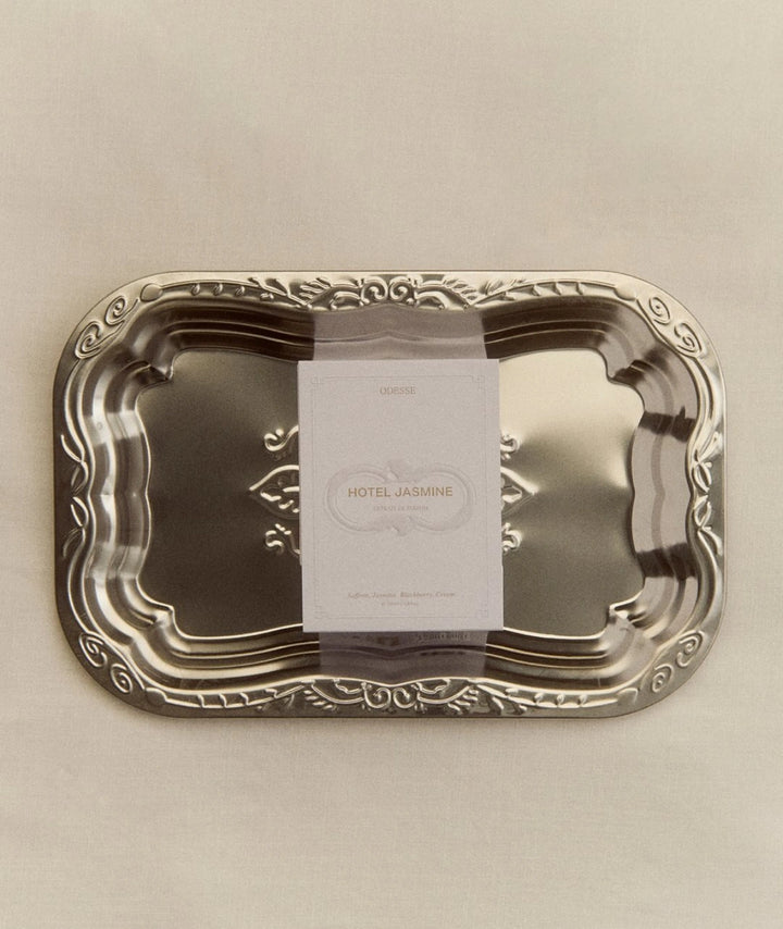 Odesse Hotel Jasmine Extrait de Parfum luxury fragrance gift set displayed on ornate silver tray, elegant niche Australian perfume with premium sustainable packaging.