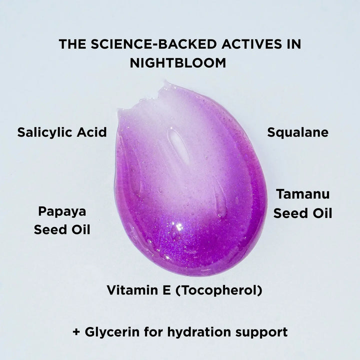 Purple jelly skincare swatch showing science-backed actives in Muse by Gaia’s Nightbloom Exfoliating Jelly Balm including salicylic acid, squalane, tamanu seed oil, papaya seed oil, vitamin E, and glycerin for hydration support.