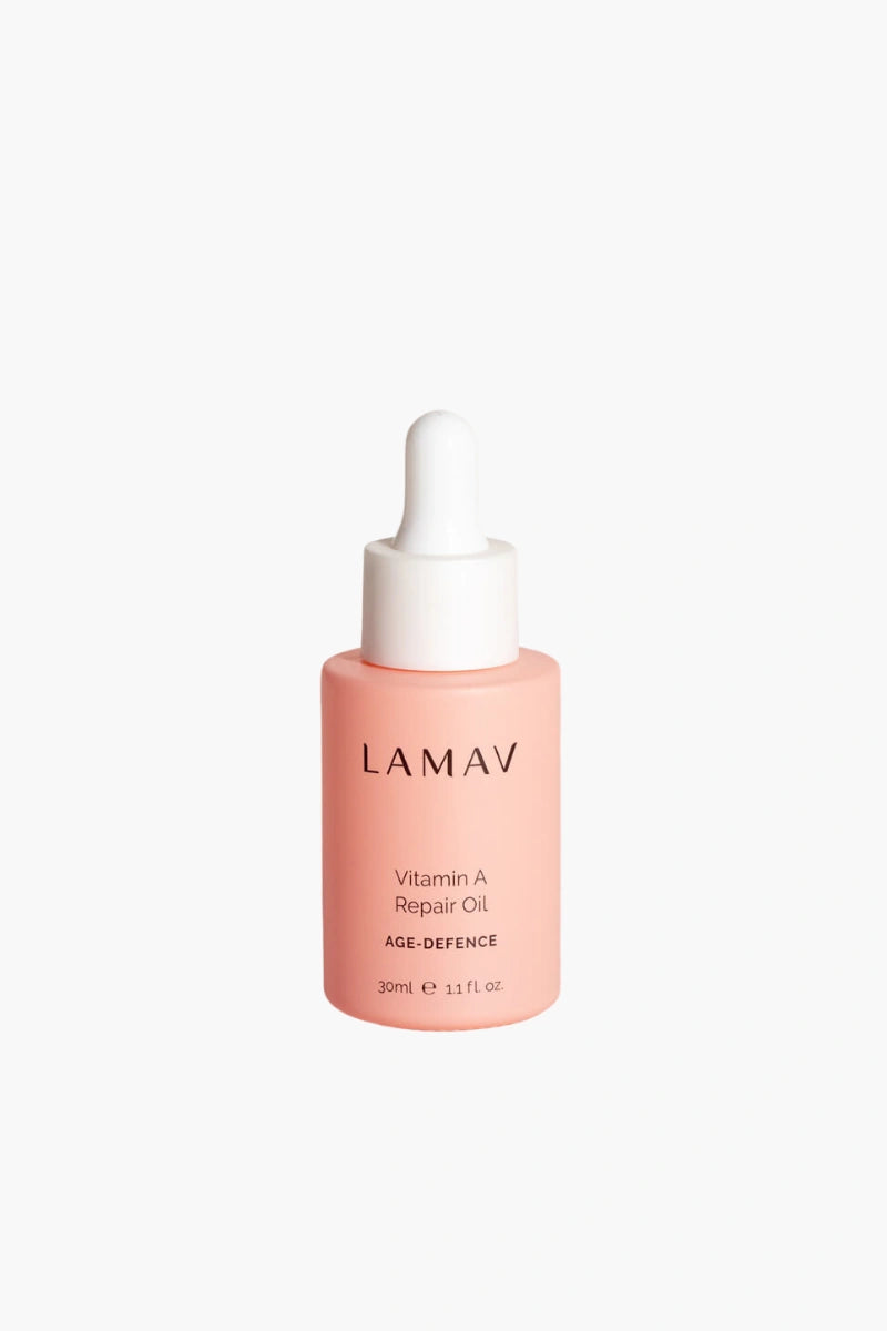 AMAV Vitamin A Repair Oil with Bakuchiol for smoother, firmer skin, featuring raspberry, baobab and sea buckthorn oils to support the skin barrier and reduce signs of ageing.