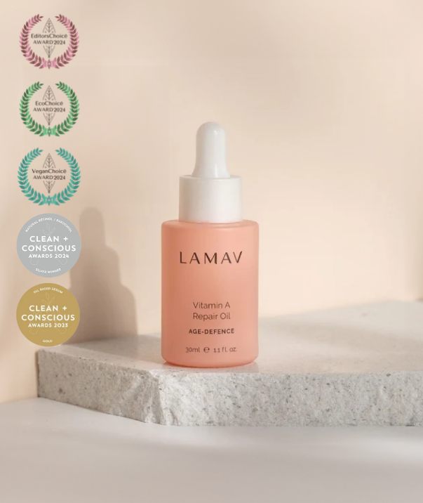 LAMAV Age-Defence Vitamin A Repair Oil with Bakuchiol and nutrient-rich oils for hydrated, radiant and youthful-looking skin.