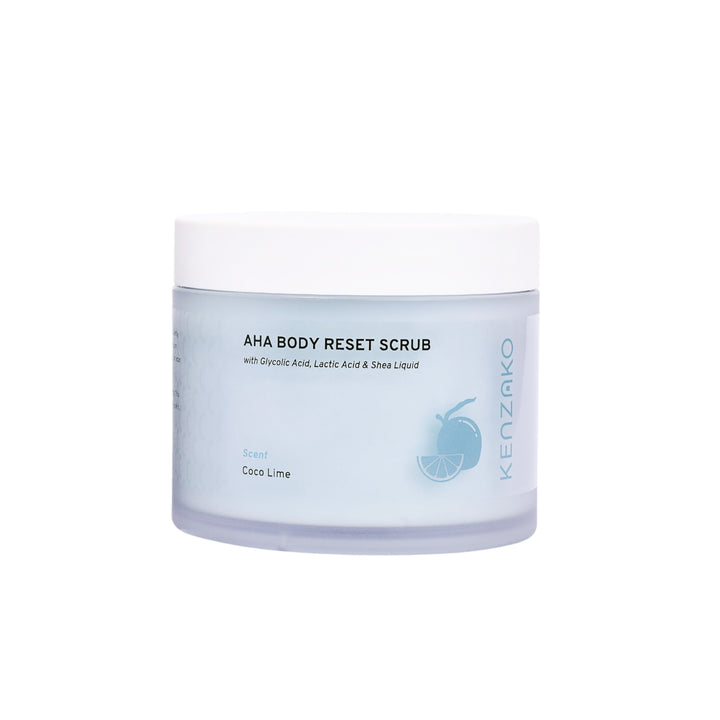 Blue jar of KENZAKO AHA Body Reset Scrub with glycolic, lactic acids, shea liquid, in Coco Lime scent, for treatment of keratosis pilaris, dry skin and skin bumps in Australia. Viral TikTok product.