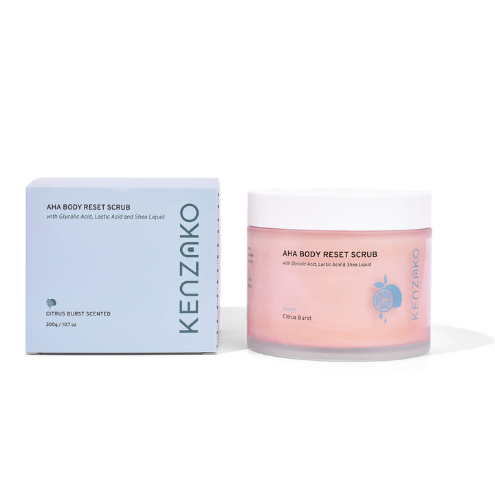 KENZAKO AHA Body Reset Scrub with Citrus Burst scent, 300g, in a pink jar and box set, highlighting organic skincare in Australia.