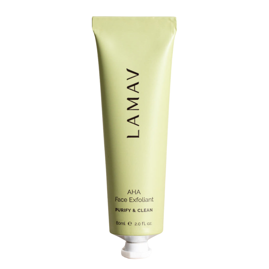An upright tube of LAMAV Organic AHA Face Exfoliant with a light green hue and black text, labelled 'PURIFY & CLEAN' with a net content of 60ml or 2 fl oz, against a white background.