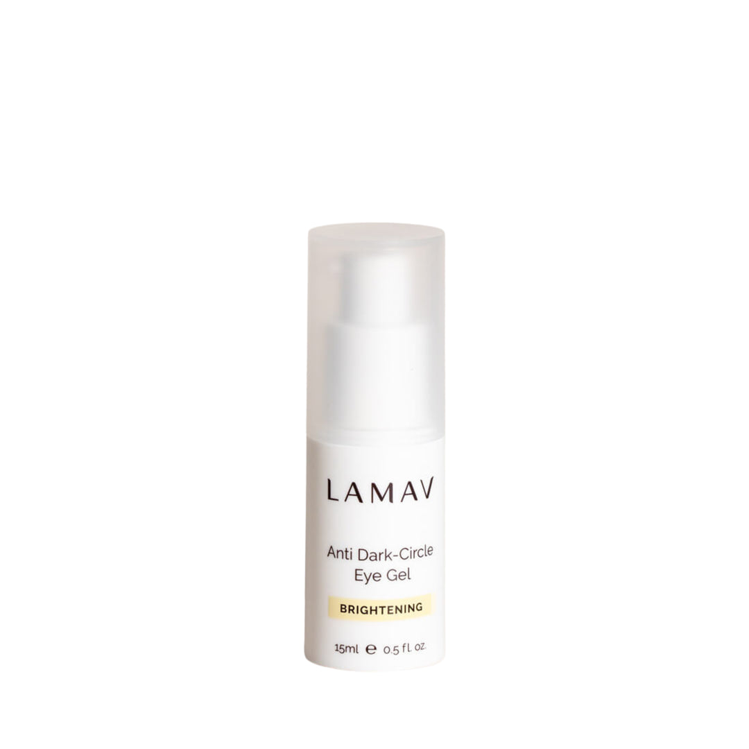 A bottle of LAMAV Anti-Dark-Circle Eye Gel, brightening formula, 15ml, white and minimalistic design, eye gel for Australian beauty care.