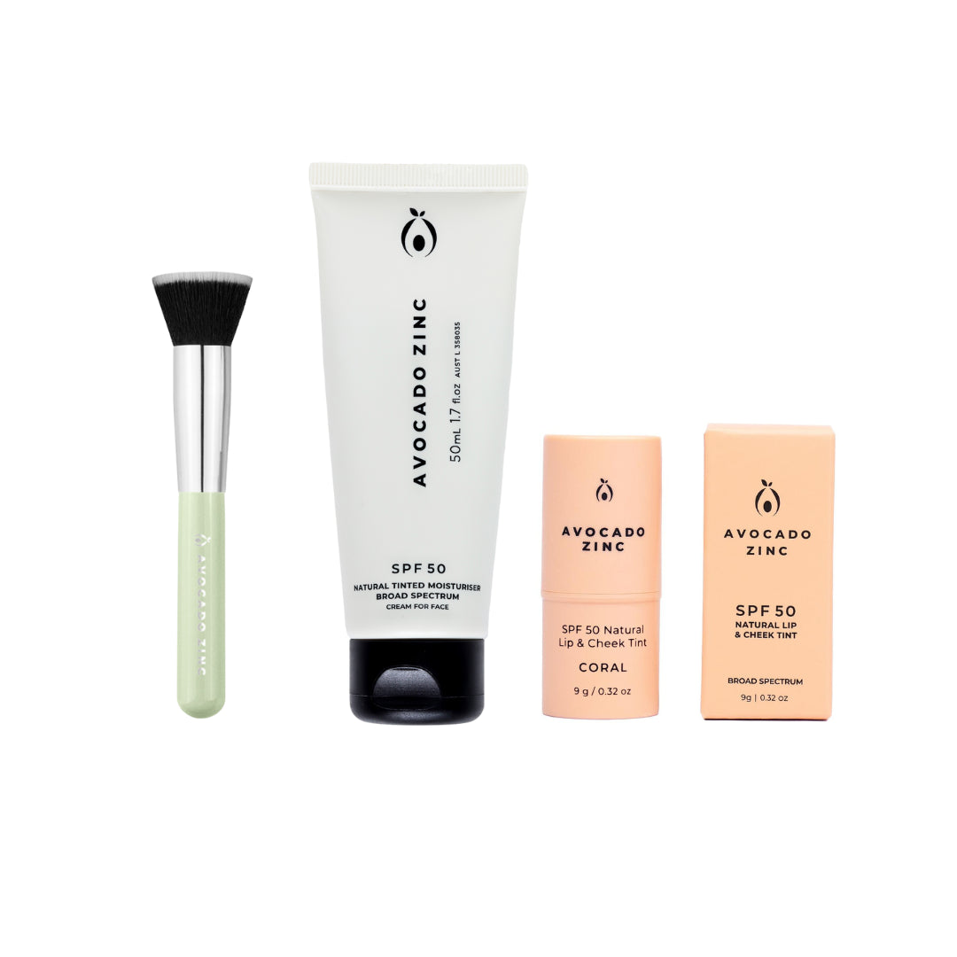 Avocado Zinc SPF 50 mineral sunscreen set with natural tinted moisturiser, lip & cheek tint in Coral, and a green application brush, perfect for Australian sun protection.