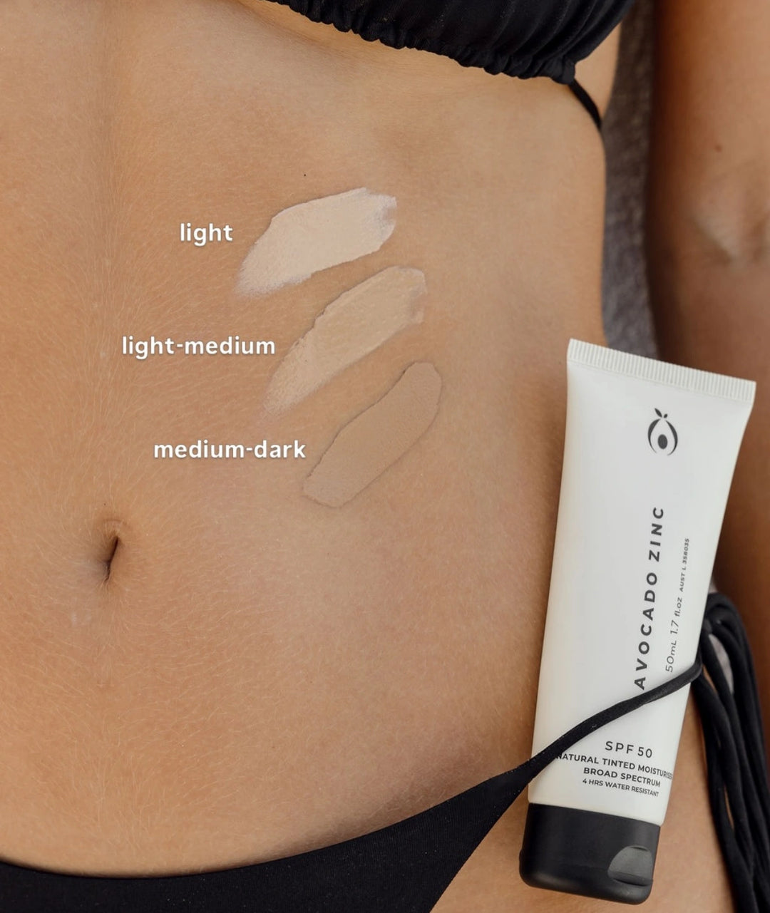 Avocado Zinc SPF 50 Natural Tinted Moisturiser 50ml, broad-spectrum zinc sunscreen with natural tint designed to protect, hydrate and even skin tone without a white cast.