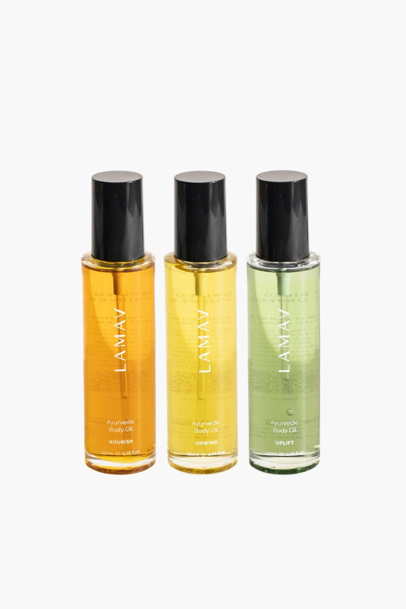 LAMAV Organics Ayurvedic Body Oils Trio featuring Nourish, Unwind and Uplift body oils for hydrated, glowing skin