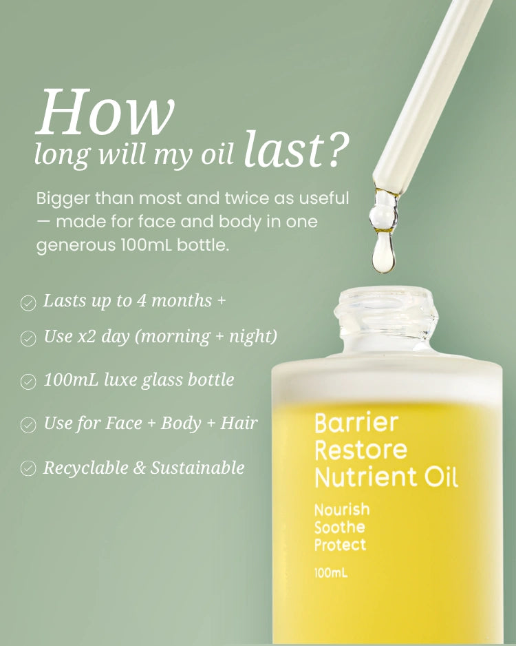 Biobod Barrier Restore Nutrient Oil 100ml, multi-purpose nourishing oil for face, body and hair that helps soothe sensitive skin, strengthen the skin barrier and provide long-lasting hydration.