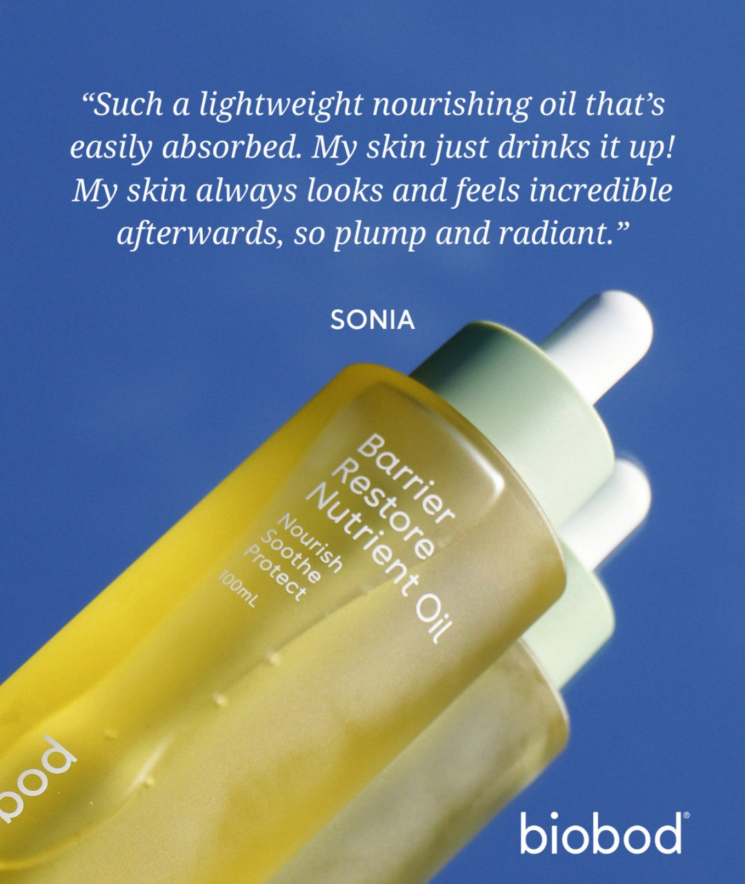 Biobod Barrier Restore Nutrient Oil customer review highlighting lightweight, fast-absorbing nourishment for dry, dehydrated and sensitive skin, helping promote a plump and radiant complexion.