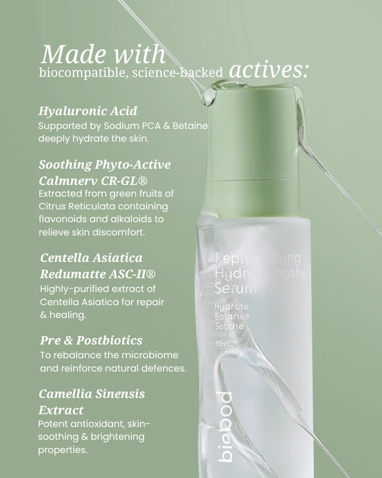 Biobod Replenishing Hydra-Soothe Serum held against skin, microbiome-friendly hydrating serum with hyaluronic acid, Centella Asiatica and prebiotics for dehydrated, reactive and rosacea-prone skin.