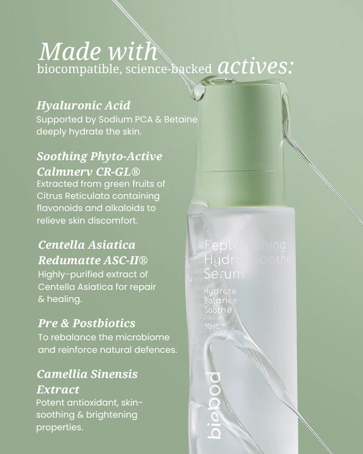 Biobod Replenishing Hydra-Soothe Serum held against skin, microbiome-friendly hydrating serum with hyaluronic acid, Centella Asiatica and prebiotics for dehydrated, reactive and rosacea-prone skin.