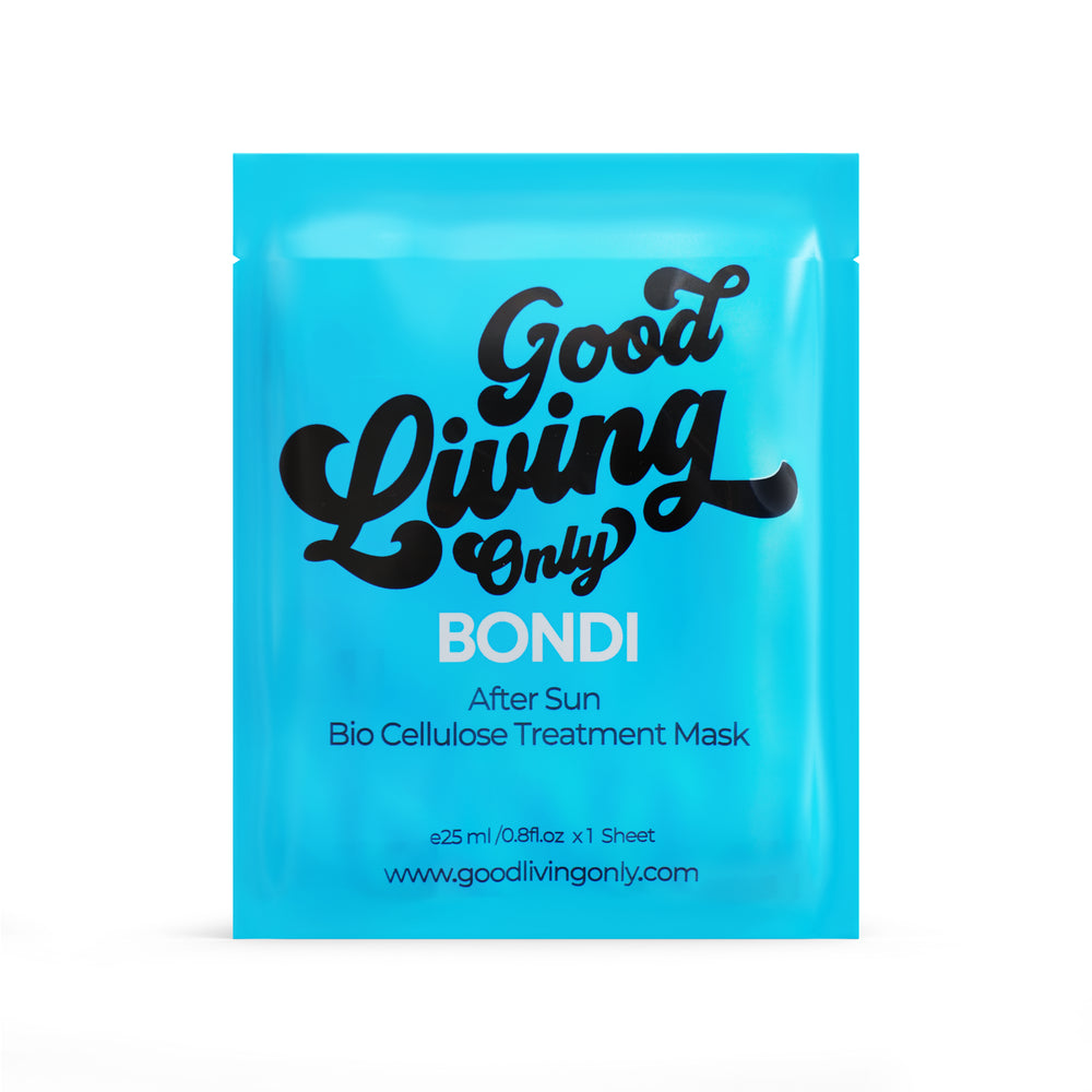 Soothing Bondi After Sun bio cellulose sheet mask from Good Living Only. A 25ml treatment designed to revitalize and hydrate sun kissed skin, infused with rejuvenating ingredients ideal for the Australian summer. Promises a nourished and radiant complexion