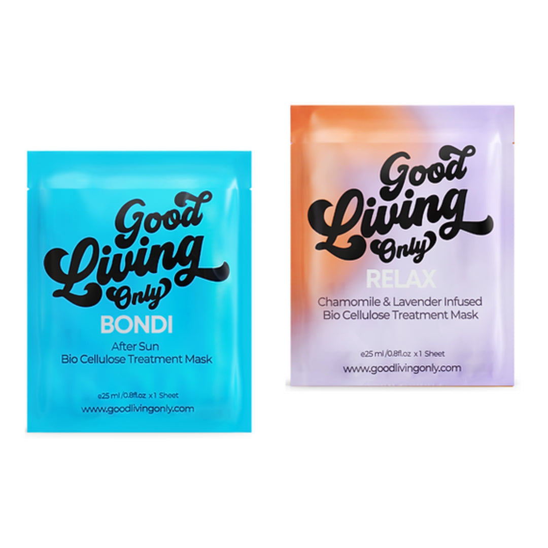Twin pack of Good Living Only bio cellulose sheet masks, featuring the 'Bondi After Sun' and 'Relax Chamomile & Lavender Infused' treatments. Each 25ml packet is tailored for post-sun care and relaxation, perfect for Australian beach days and self-care evenings.