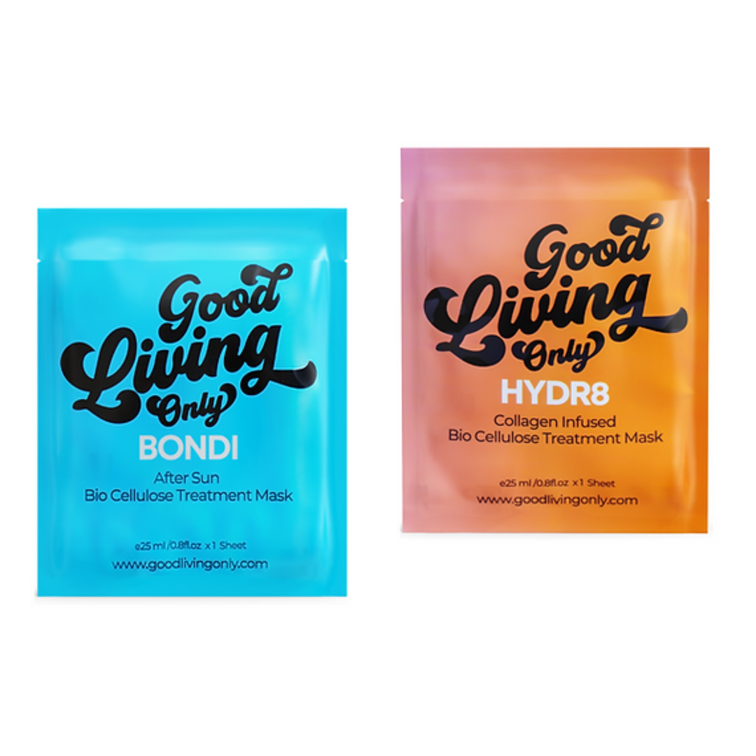 Packaged Bio Cellulose Treatment Masks by Australian Woman-Owned Brand, Good Living Only, with BONDI After Sun and HYDR8 Collagen Infusion for a natural skincare routine.