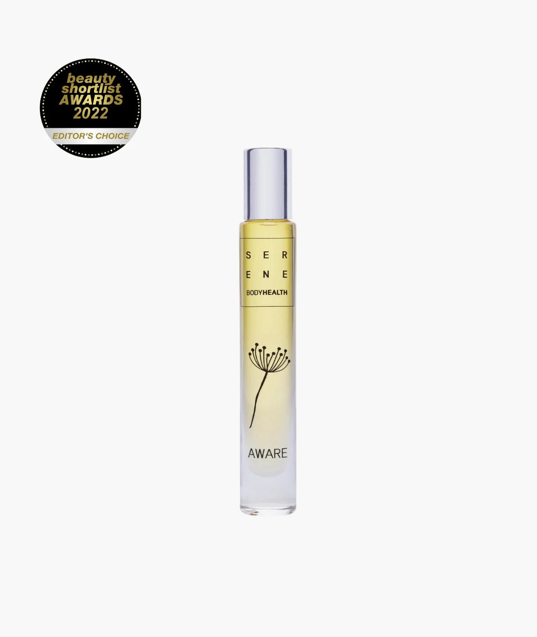 Serene Aware by BodyHealth — glass roll-on bottle with 2022 Beauty Shortlist badge | calming essential oil