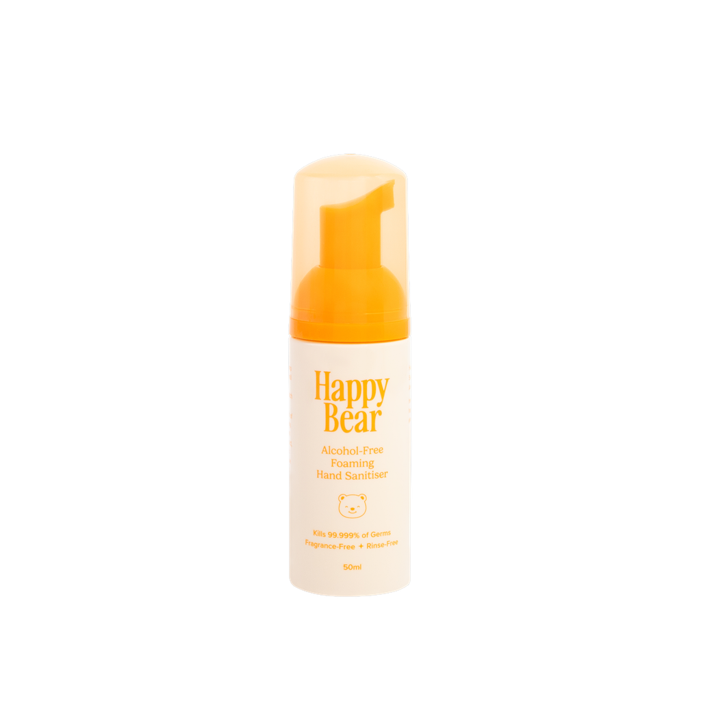 Happy Bear alcohol free foaming hand sanitiser bottle on a white background 50ml.
