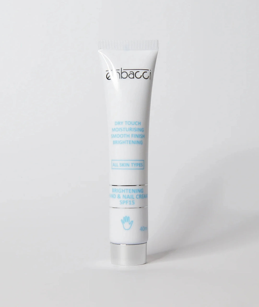 Enbacci Brightening Hand & Nail Cream SPF15 40ml standing upright on a white studio background, moisturising hand and nail cream with SPF15 for smooth, hydrated and brighter-looking hands.