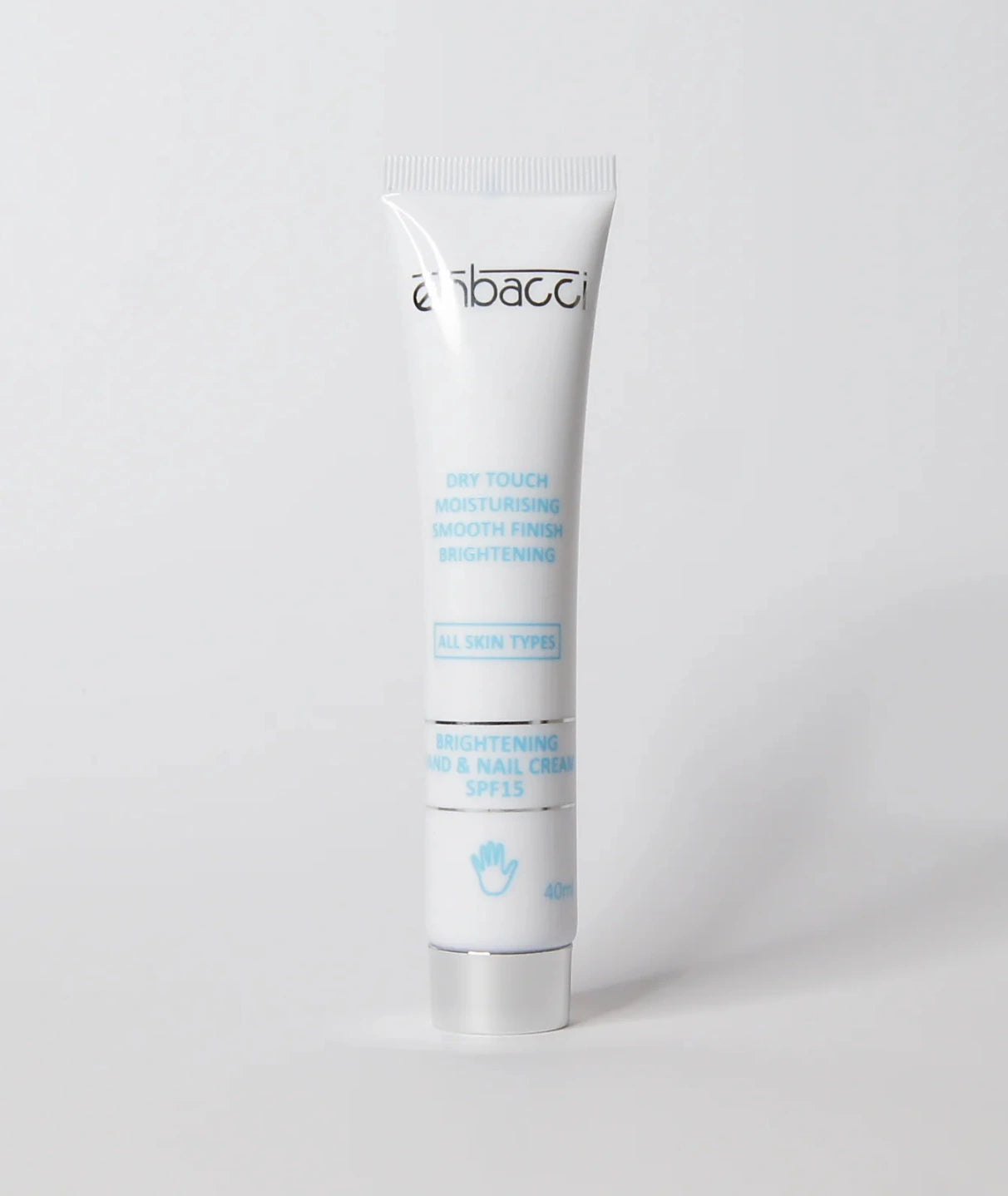 Enbacci Brightening Hand & Nail Cream SPF15 40ml standing upright on a white studio background, moisturising hand and nail cream with SPF15 for smooth, hydrated and brighter-looking hands.