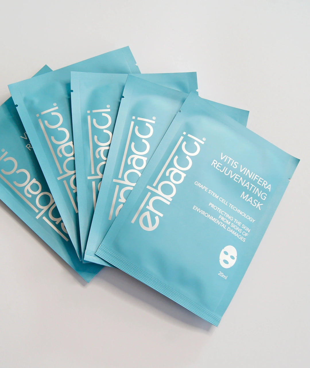 Enbacci Vitis Vinifera Rejuvenating Mask sheet mask sachets featuring grape stem cell technology to help improve skin hydration, firmness and visible signs of ageing.