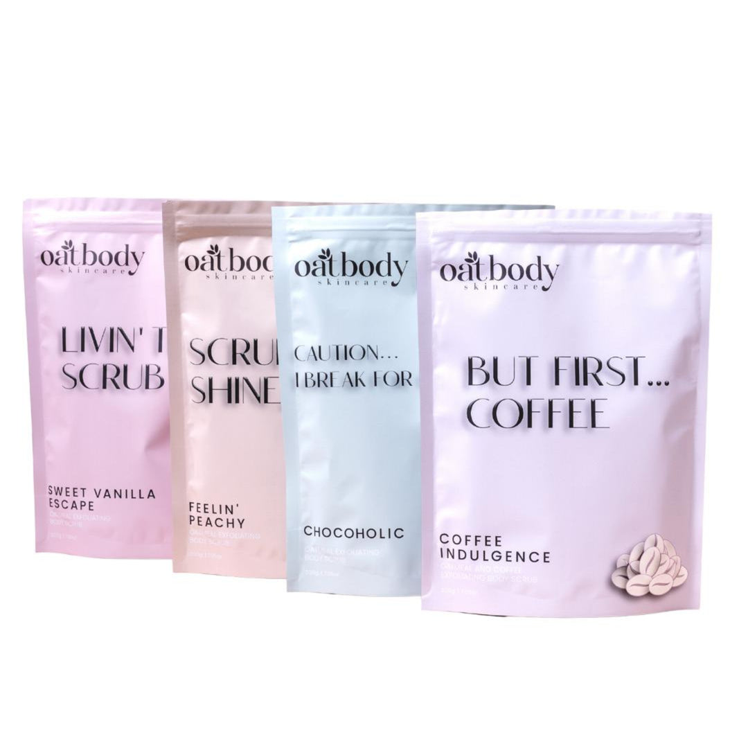 Range of Oatbody Skincare exfoliating body scrubs including Sweet Vanilla Escape, Feelin' Peachy, Chocoholic, and Coffee Indulgence in pastel-colored pouches. The product is a gentle body scrub, this product helps with bumpy, rough, dry skin, strawberry skin, and keratosis pillaris.
