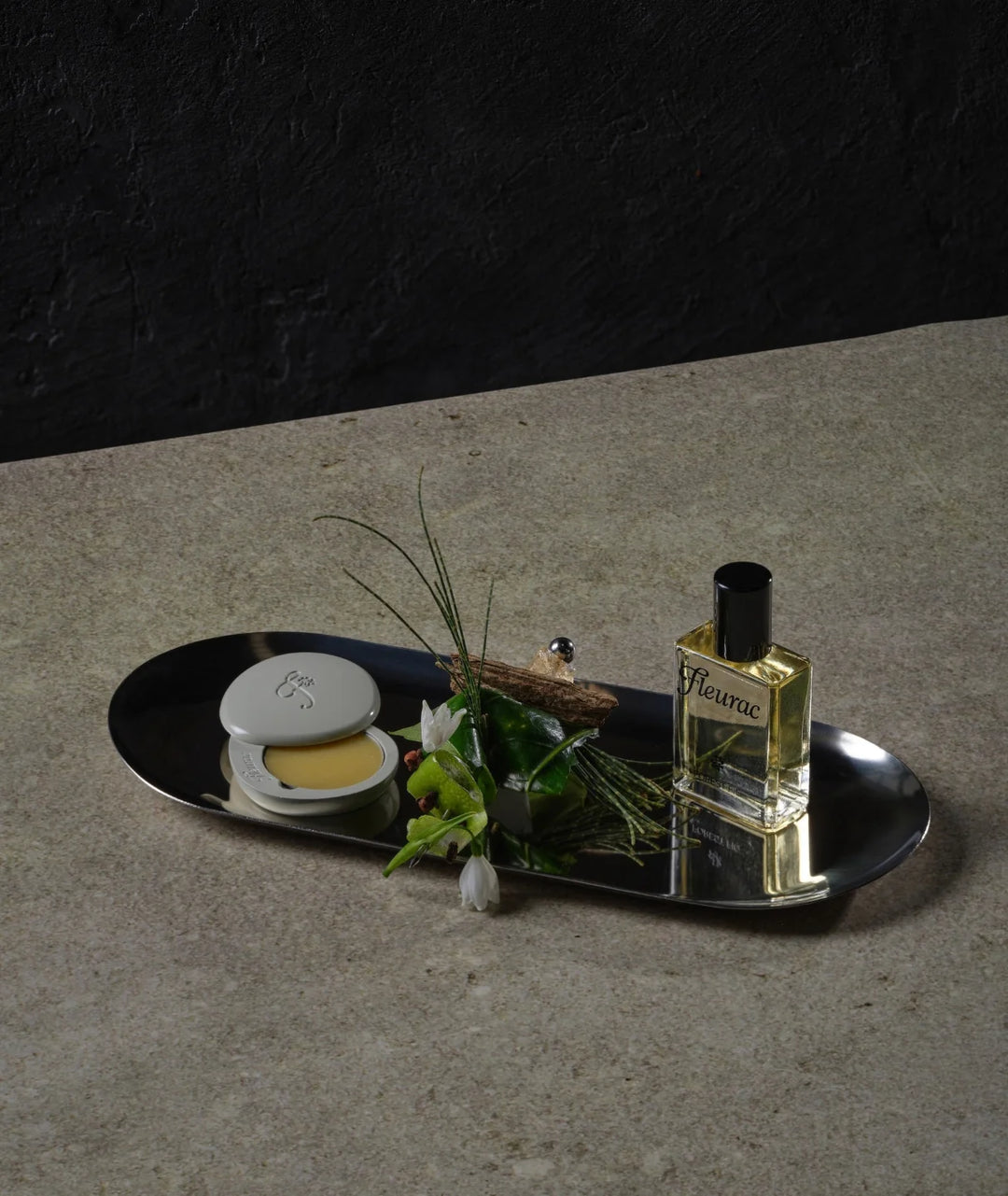 Fleurac Forest Fig Perfume Set — Glass spray bottle and solid balm on metal tray | Natural luxury fragrance