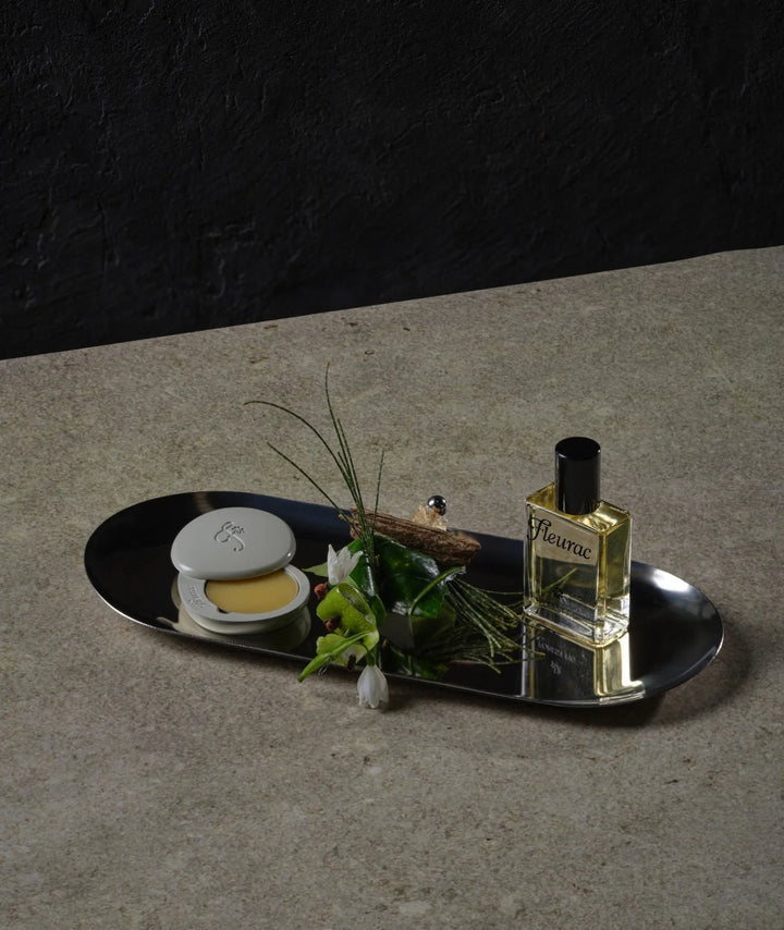 Fleurac Forest Fig Perfume Set — Glass spray bottle and solid balm on metal tray | Natural luxury fragrance