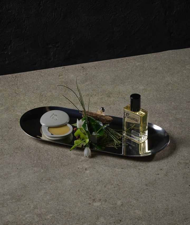 Forest Fig Perfume Set by Fleurac — Glass spray bottle & solid balm on metal tray | Natural luxury woody fragrance
