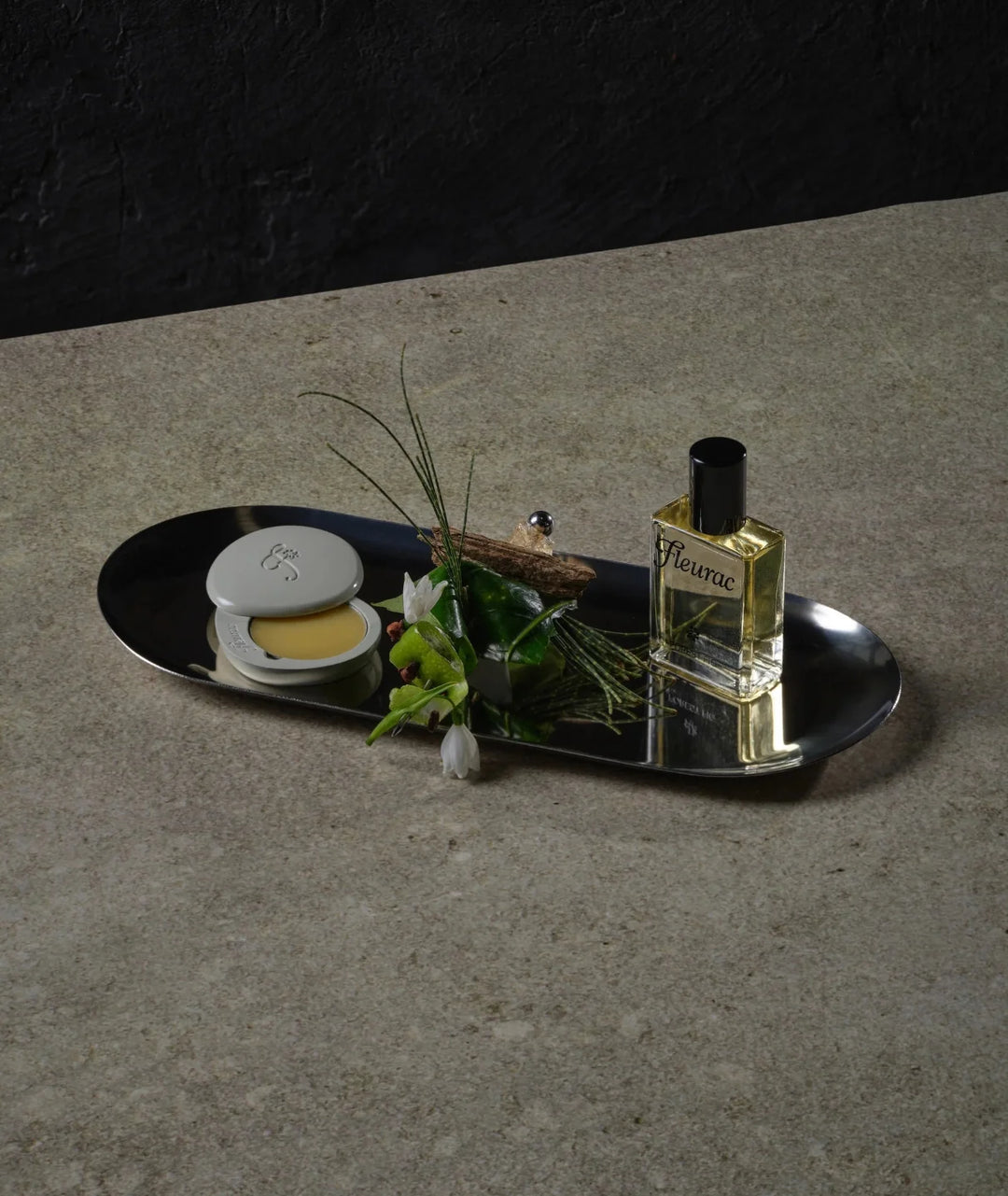 Forest Fig Perfume Set by Fleurac — Spray bottle & solid balm on metal tray | Natural luxury woody fragrance