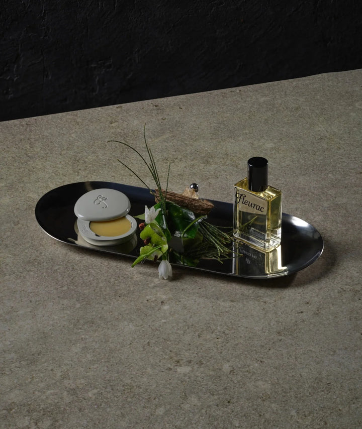Forest Fig Perfume Set by Fleurac — Spray bottle & solid balm on metal tray | Natural luxury woody fragrance