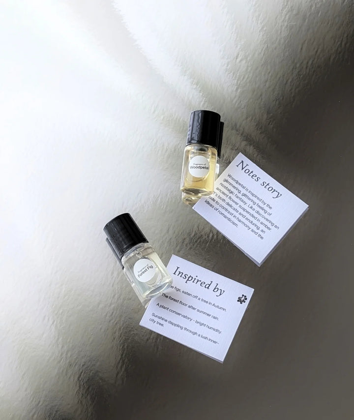 Fleurac Fragrance Discovery Set — Woodpetal and Forest Fig 2ml sample vials with scent story cards
