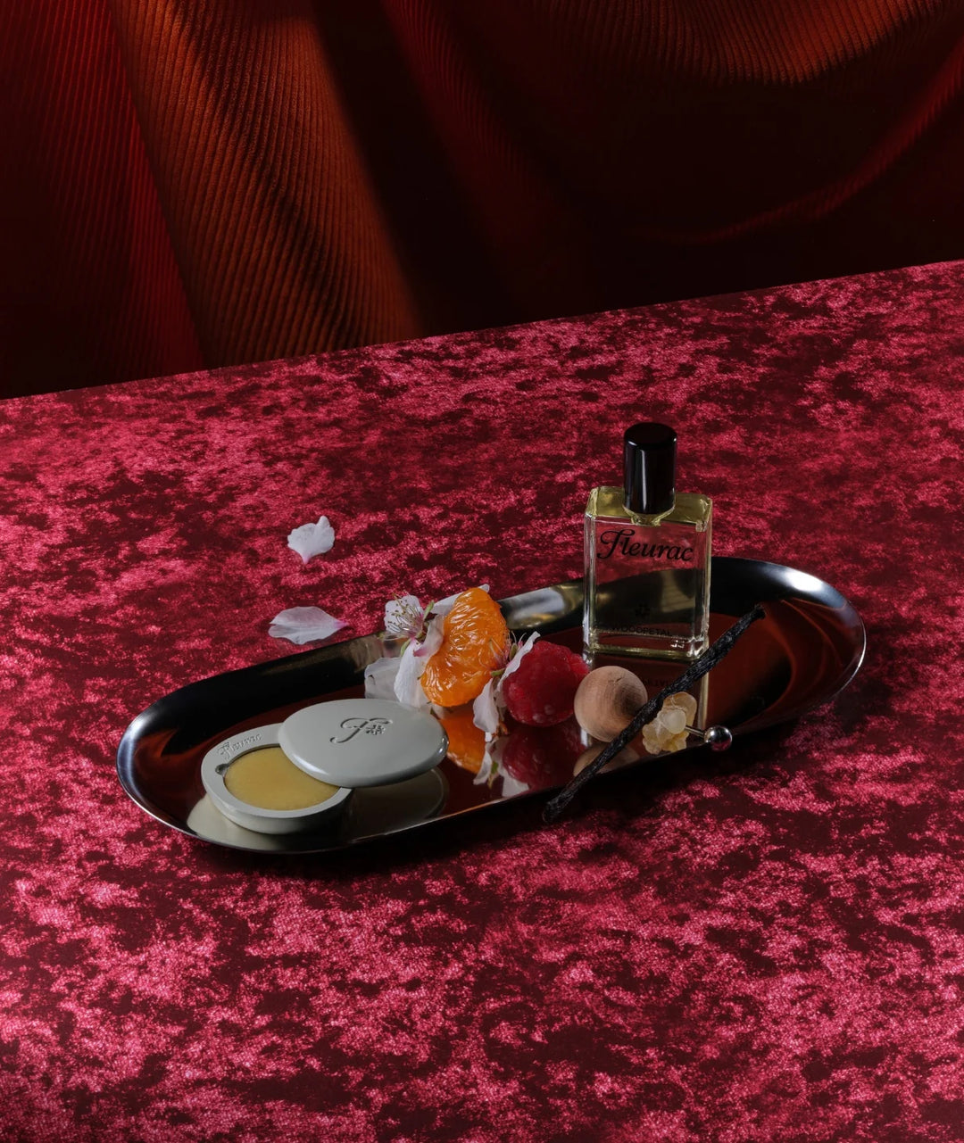 Fleurac Woodpetal Fragrance Set — Perfume spray bottle and solid balm on silver tray with red velvet