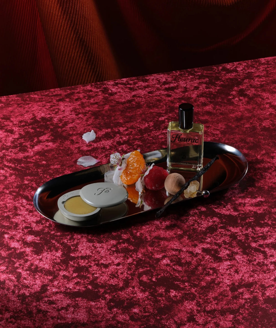 Fleurac Woodpetal Perfume Set — Spray bottle and solid balm on silver tray with scent notes | Red velvet background