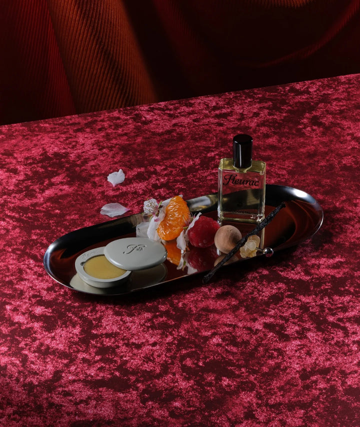 Fleurac Woodpetal Perfume Set — Spray bottle and solid balm on silver tray with scent notes | Red velvet background