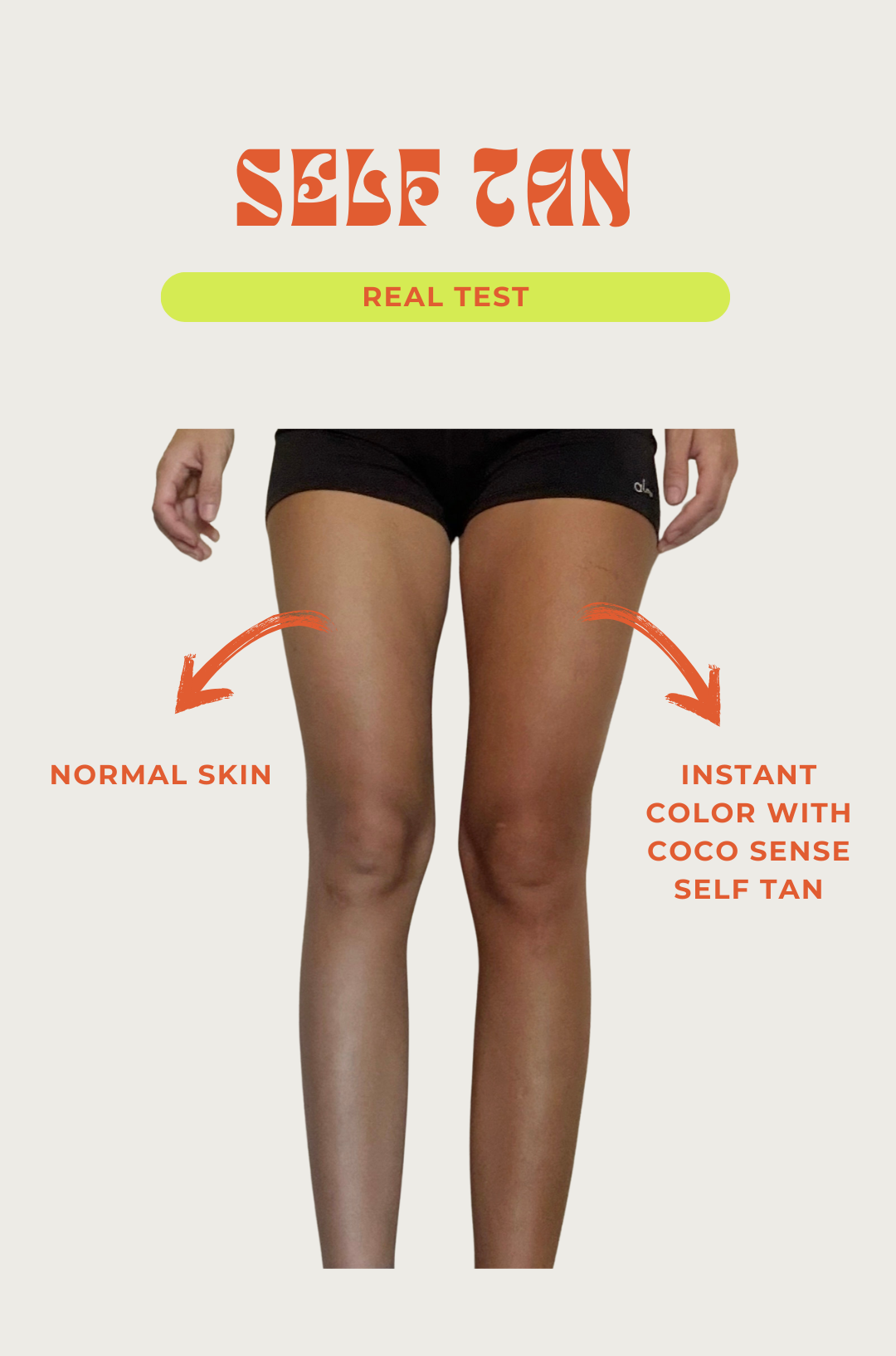 Comparison of normal skin and instant color with Coco Sense self-tan on a person's legs.