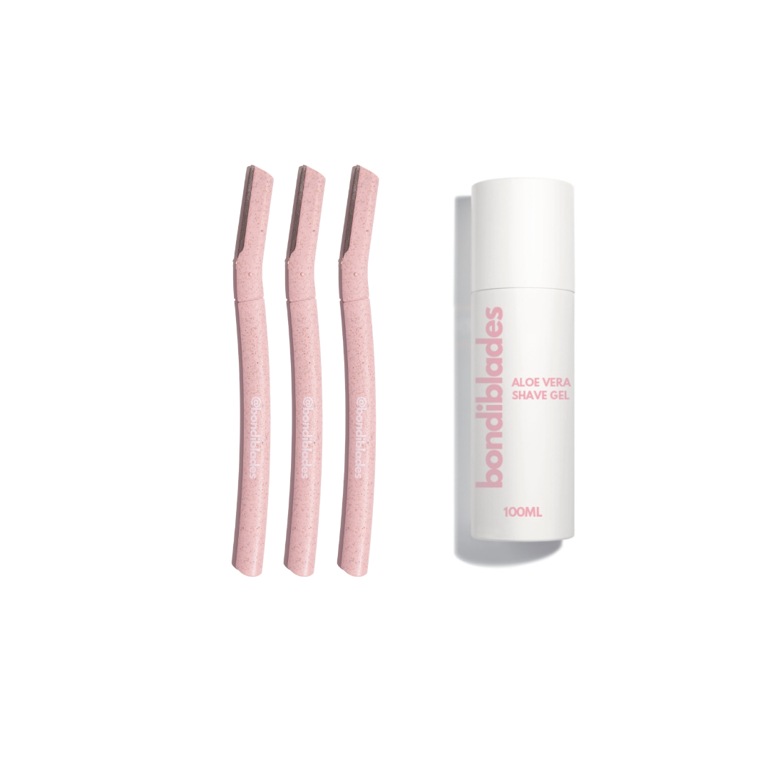 Bondi Blades Aloe Vera Shave Gel and three pink dermaplaning razors, available at VAMS Beauty. This set includes a 100ml shave gel formulated with soothing aloe vera and ergonomic razors designed for precise and gentle hair removal, ideal for achieving smooth skin.